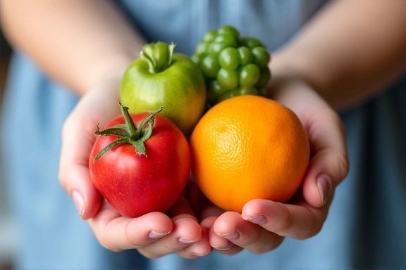 Manos de un adulto y un niño sosteniendo frutas y verduras, simbolizando la nutrición infantil.