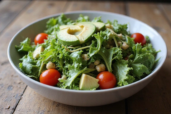 Un plato colorido de ensalada fresca y saludable con verduras de hoja verde, tomates cherry y aguacate, sobre una mesa de madera rústica.