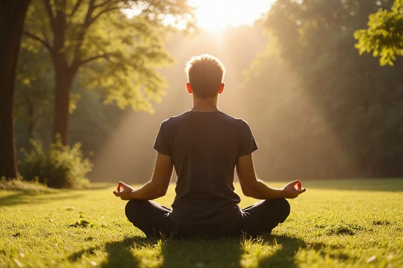 Una persona meditando en un entorno natural tranquilo, con la luz del sol de fondo, representando el bienestar general.