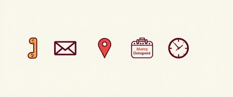 Iconos de contacto: teléfono, correo electrónico, ubicación y reloj.