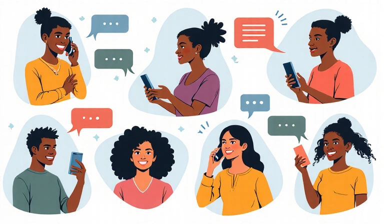 Ilustración de personas conectándose a través de mensajes y llamadas.