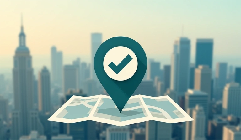 Pin de mapa estilizado sobre un fondo de ciudad borrosa, indicando ubicación.