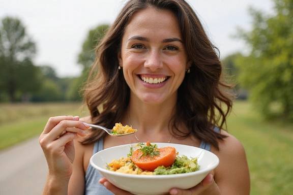 Persona feliz y energética disfrutando de una comida saludable al aire libre